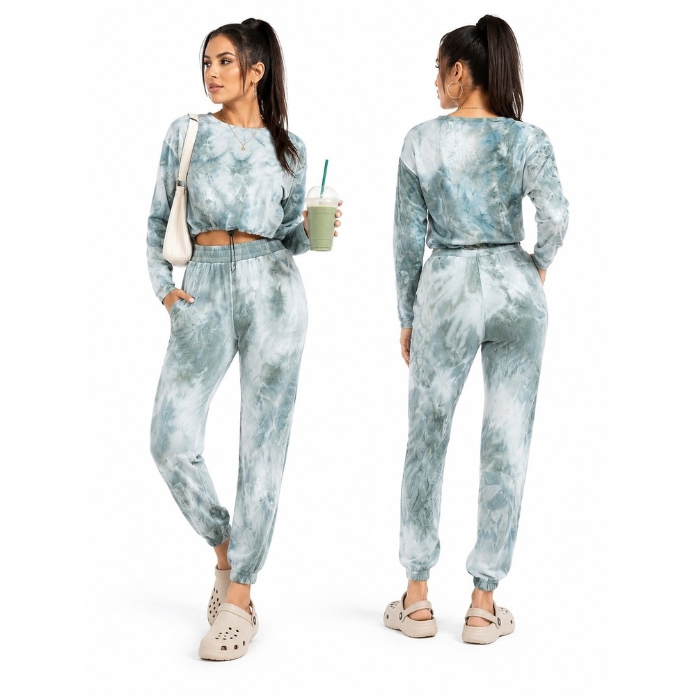 Bear Dance Women Green Tie Dye Cropped Jogger Set 2 Piece Loungewear Small NEW